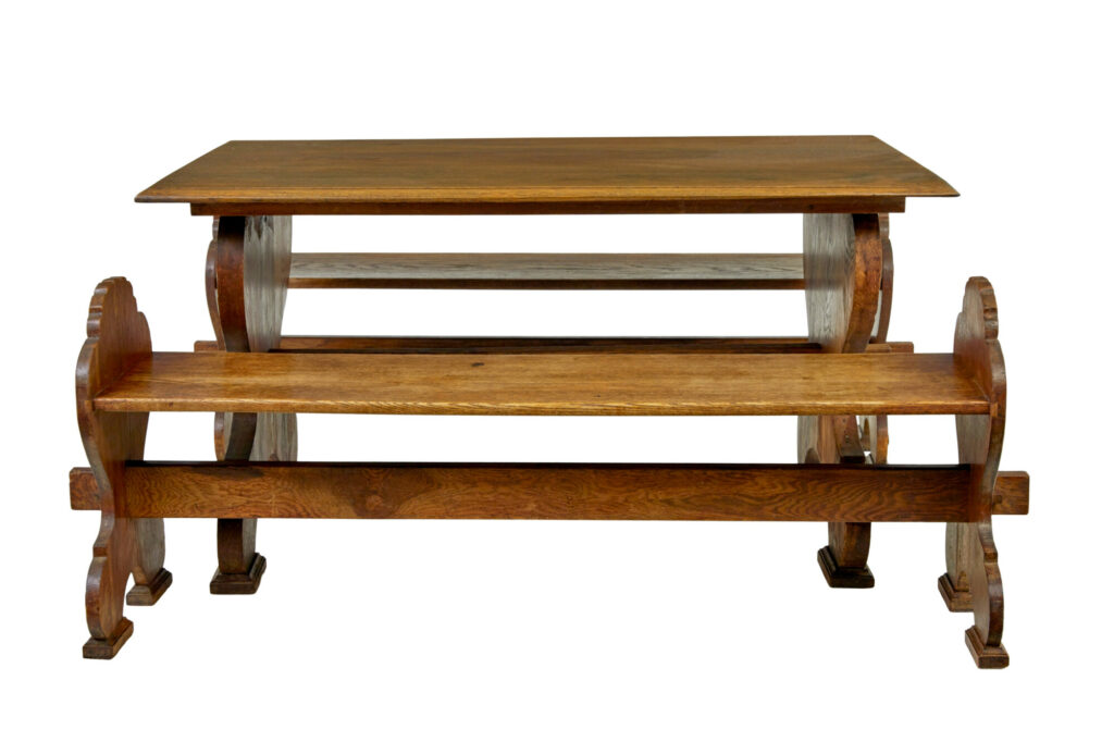 Flemish 19th Century Carved Oak Gothic Revival Dining Table and Benches — image 9