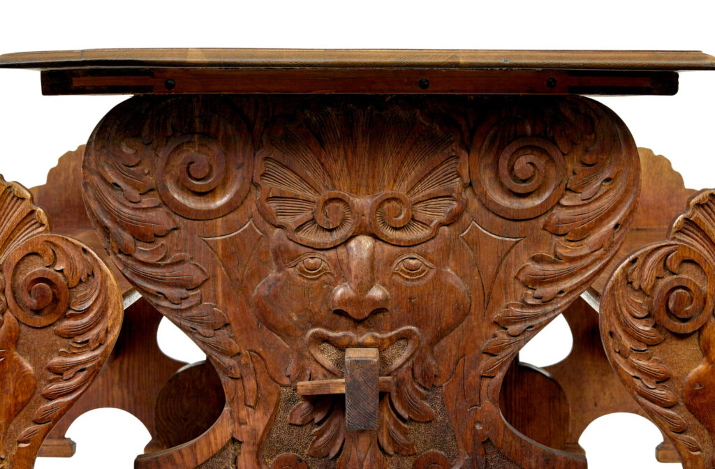 Flemish 19th Century Carved Oak Gothic Revival Dining Table and Benches — image 7