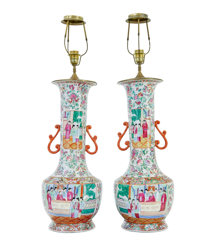 PAIR OF EARLY 20TH LARGE CHINESE CANTONESE VASE LAMPS