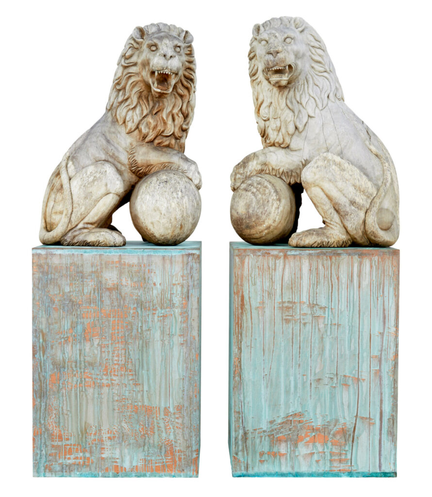 Pair of Mid 20th Century Carved Solid Wood Lions