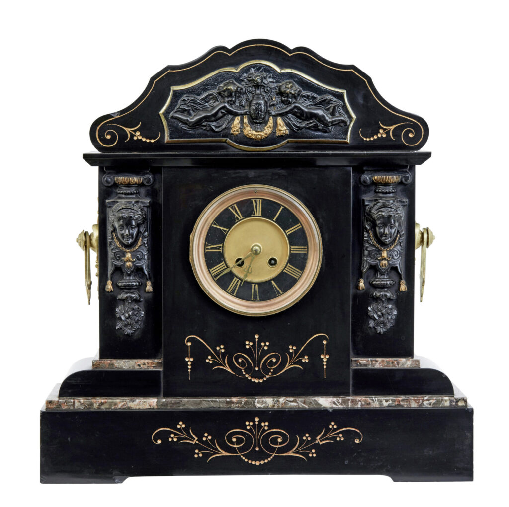 High Victorian Inlaid Black Marble Mantel Clock