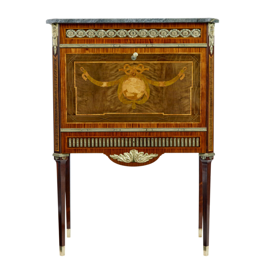 1930’s Kingwood Inlaid Swedish Marble Top Secretaire — image 7