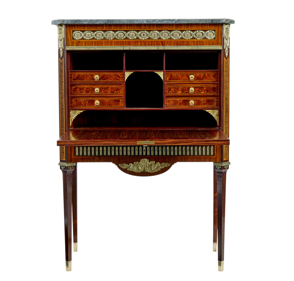 1930’s Kingwood Inlaid Swedish Marble Top Secretaire — image 5