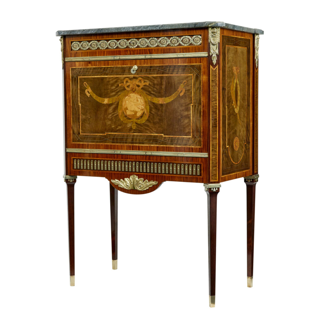 1930’s KINGWOOD INLAID SWEDISH MARBLE TOP SECRETAIRE
