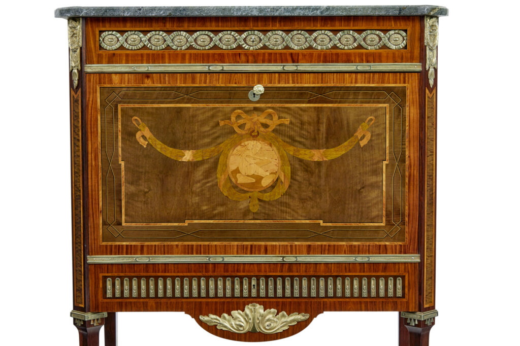 1930’s Kingwood Inlaid Swedish Marble Top Secretaire — image 12