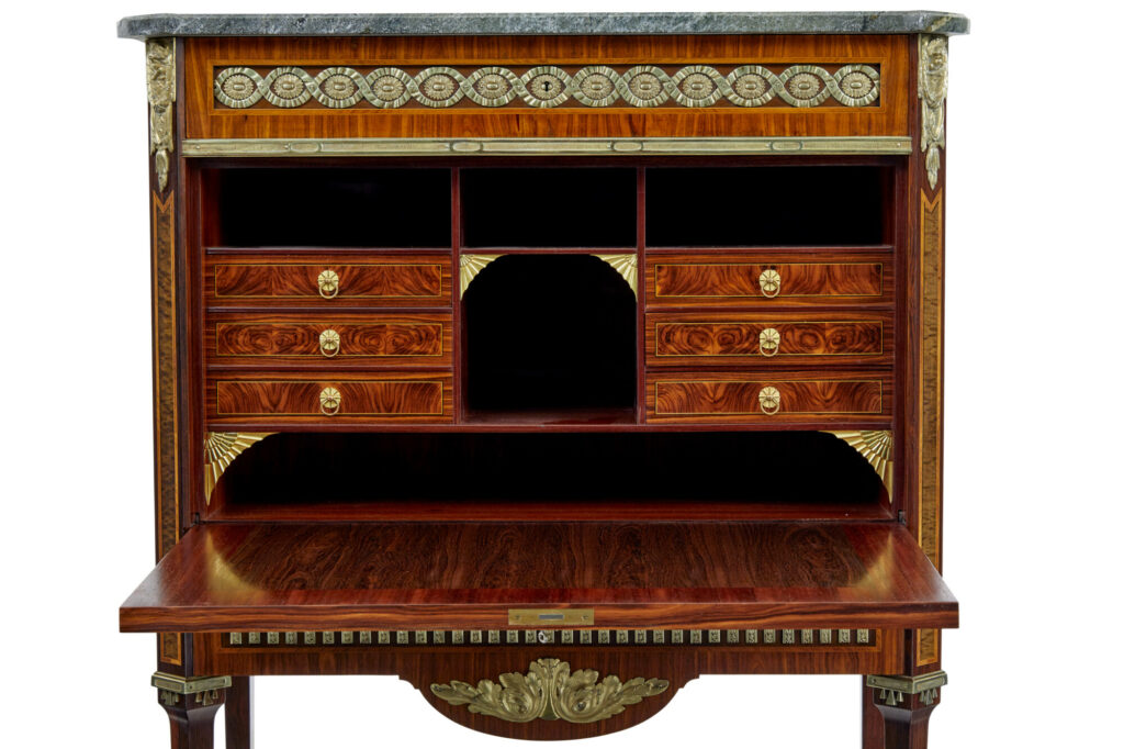 1930’s Kingwood Inlaid Swedish Marble Top Secretaire — image 11