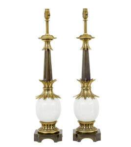 PAIR OF ART DECO INFLUENCED BRASS AND GLASS TABLE LAMPS