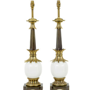 PAIR OF ART DECO INFLUENCED BRASS AND GLASS TABLE LAMPS