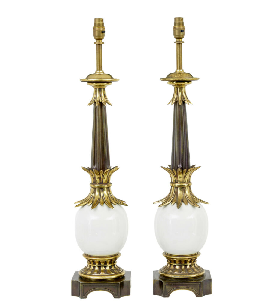 PAIR OF ART DECO INFLUENCED BRASS AND GLASS TABLE LAMPS