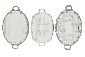 COLLECTION OF 3 SILVER PLATE ORNATE TRAYS