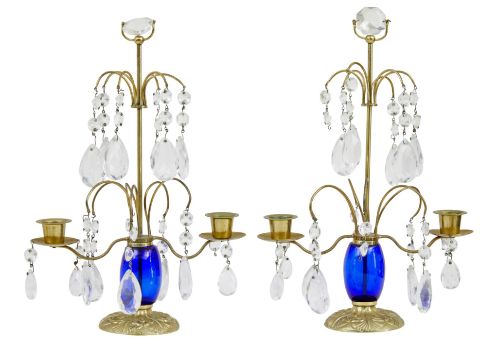 PAIR OF 1950’s BRASS AND CUT GLASS DECORATIVE CANDLESTICKS