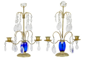 PAIR OF 1950’s BRASS AND CUT GLASS DECORATIVE CANDLESTICKS