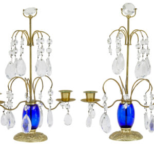 PAIR OF 1950’s BRASS AND CUT GLASS DECORATIVE CANDLESTICKS