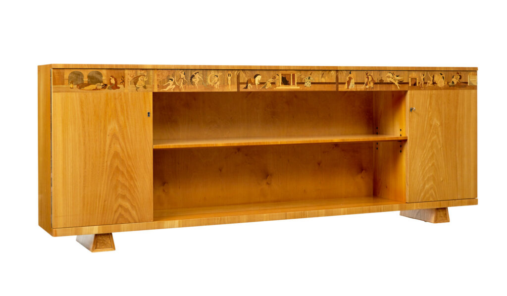Swedish Art Deco Inlaid Elm Low Bookcase by Mjölby Intarsia