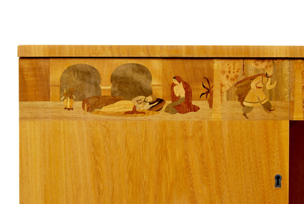 Swedish Art Deco Inlaid Elm Low Bookcase by Mjölby Intarsia — image 11