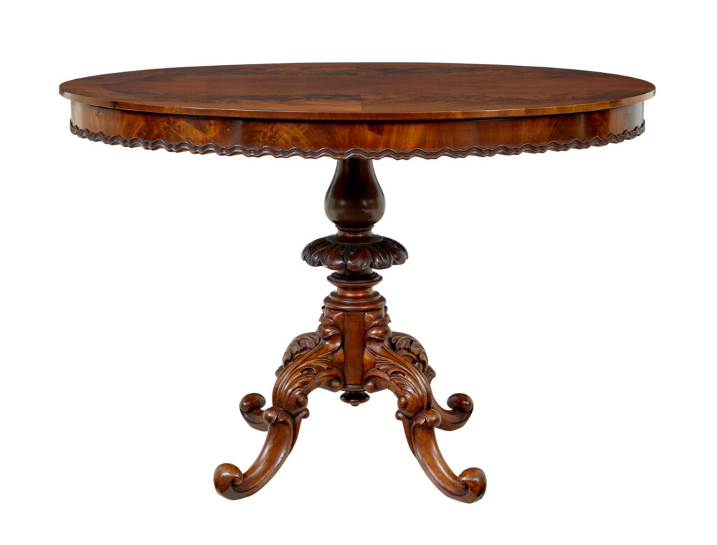 19th Century Carved Flame Mahogany Oval Center Table — image 3