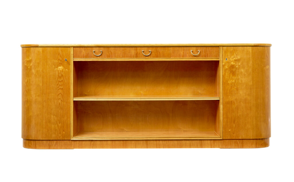 Mid Century Shaped Scandinavian Elm Low Open Bookcase