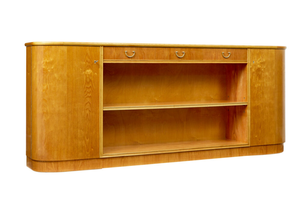 Mid Century Shaped Scandinavian Elm Low Open Bookcase — image 6