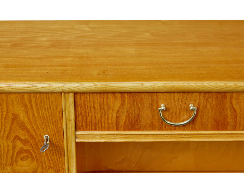 Mid Century Shaped Scandinavian Elm Low Open Bookcase — image 5