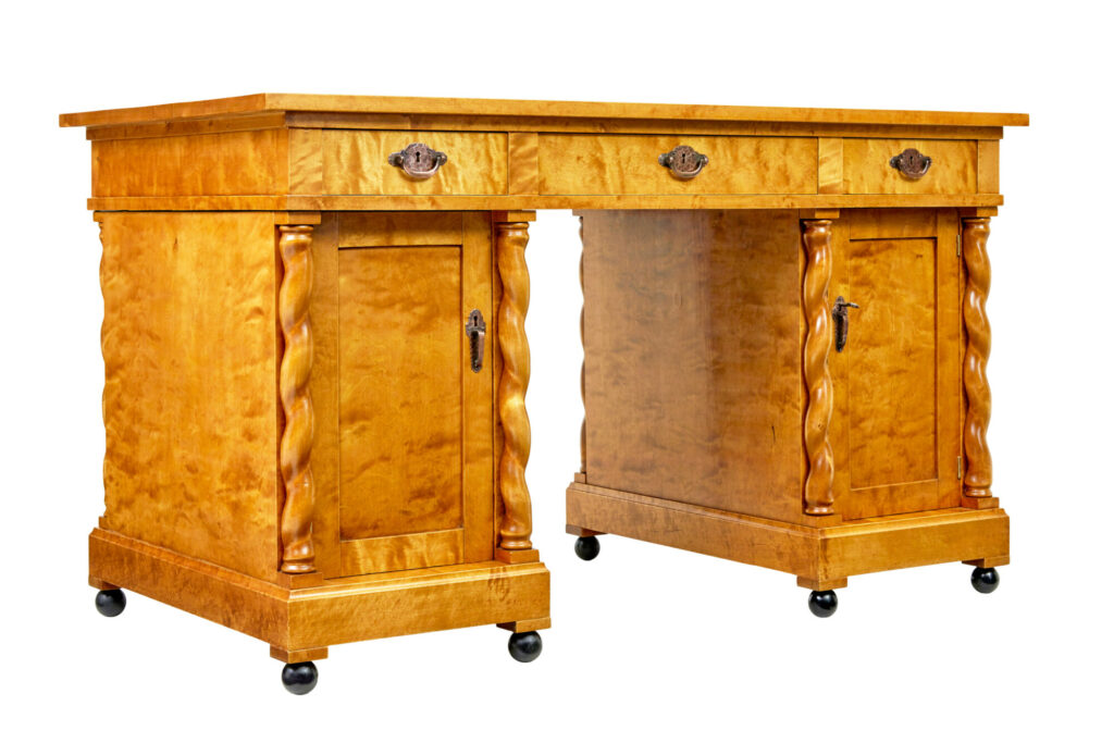 Swedish Early 20th Century Carved Birch Pedestal Desk