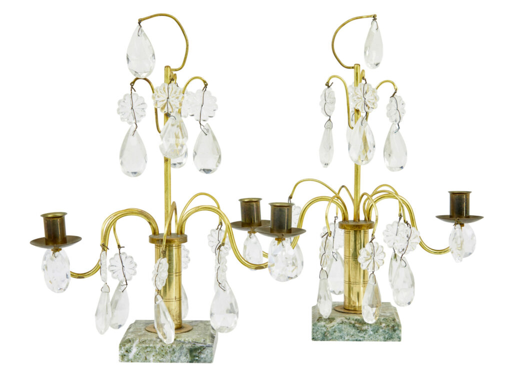 Ornate Pair of Mid Century Brass and Cut Glass Decorative Candlesticks