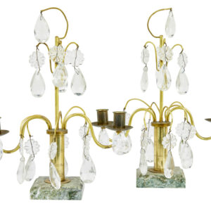 ORNATE PAIR OF MID CENTURY BRASS AND CUT GLASS DECORATIVE CANDLESTICKS