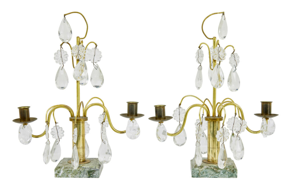 Ornate Pair of Mid Century Brass and Cut Glass Decorative Candlesticks — image 3