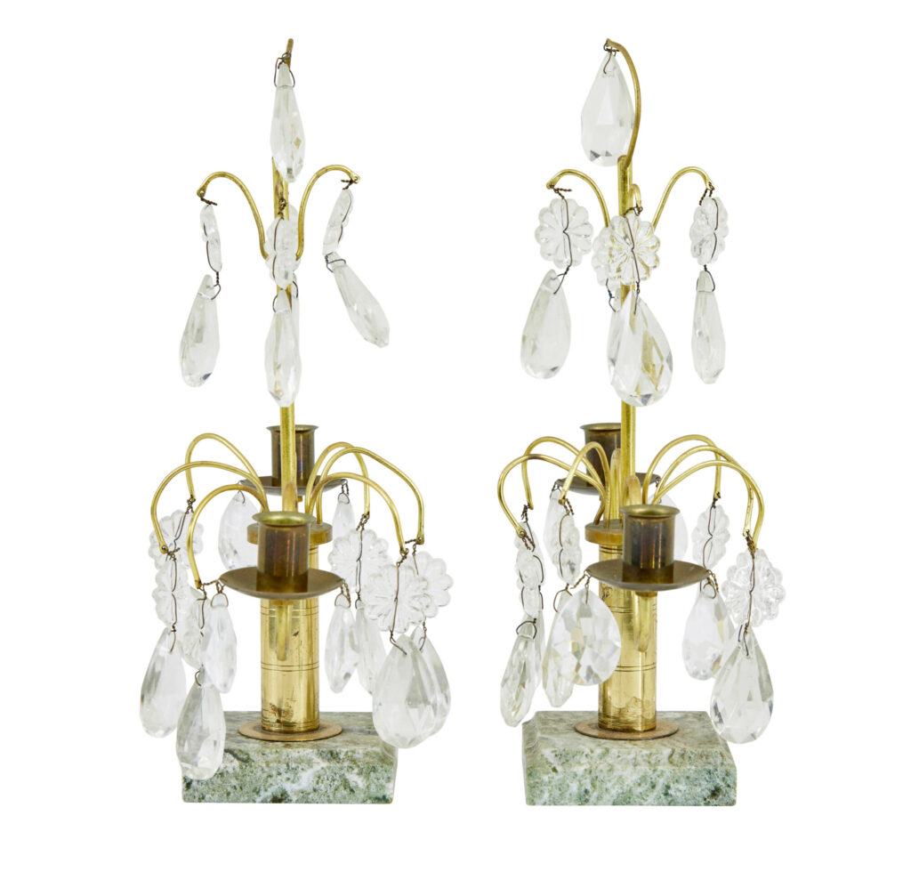 Ornate Pair of Mid Century Brass and Cut Glass Decorative Candlesticks — image 2