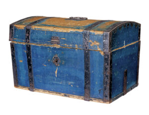 19TH CENTURY SWEDISH PAINTED PINE METAL BOUND DOME TOP BOX