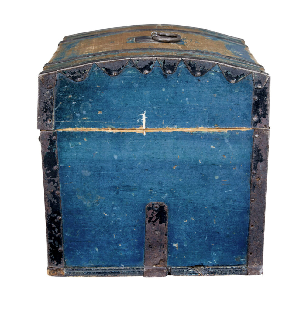 19th Century Swedish Painted Pine Metal Bound Dome Top Box — image 4