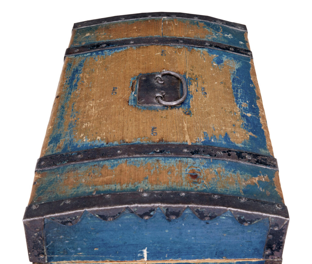 19th Century Swedish Painted Pine Metal Bound Dome Top Box — image 3