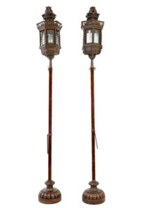 PAIR OF LATE 19TH CENTURY COPPER VENETIAN LAMPS ON POLES