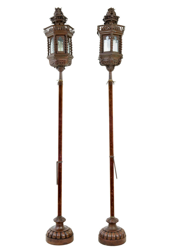 Pair of Late 19th Century Copper Venetian Lamps on Poles