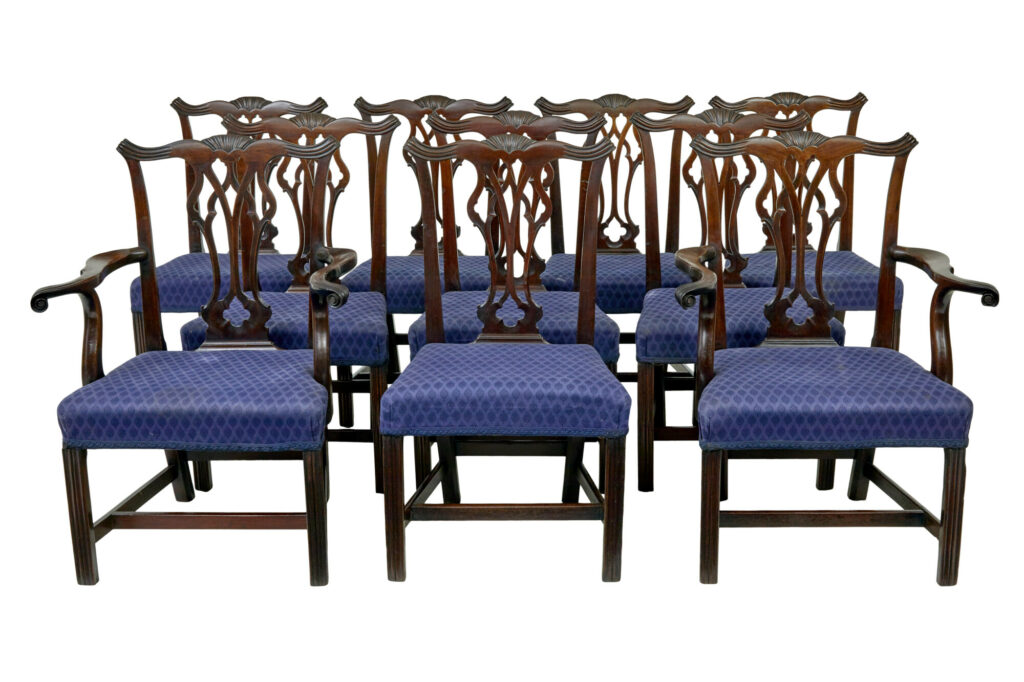 EARLY 19TH CENTURY SET OF 10 CHIPPENDALE DESIGN DINING CHAIRS