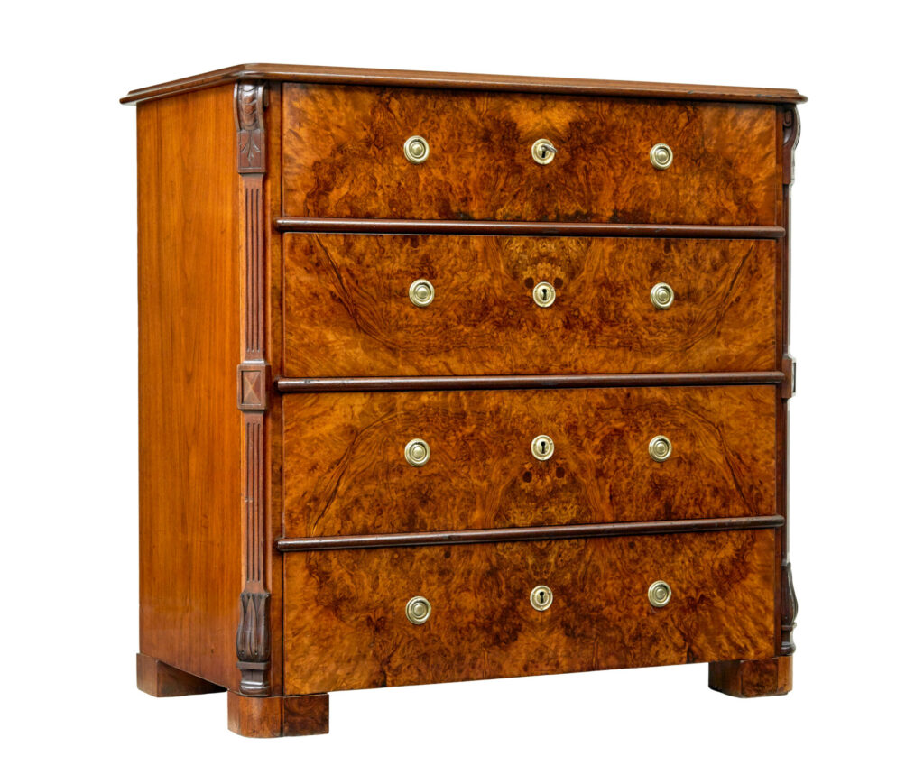 SWEDISH 19TH CENTURY BURR WALNUT CHEST OF DRAWERS