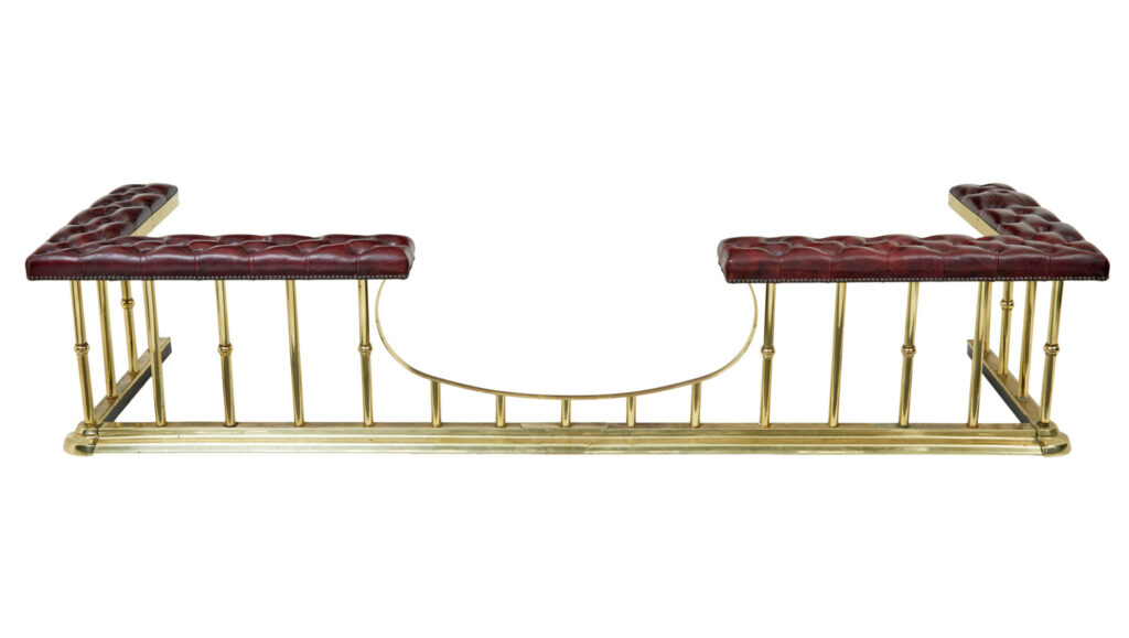 Large Brass and Leather Fireplace Club Fender — image 8