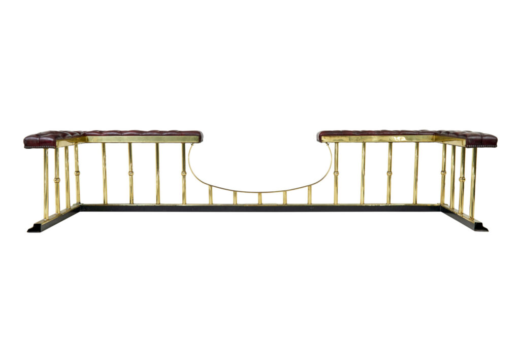 Large Brass and Leather Fireplace Club Fender — image 5
