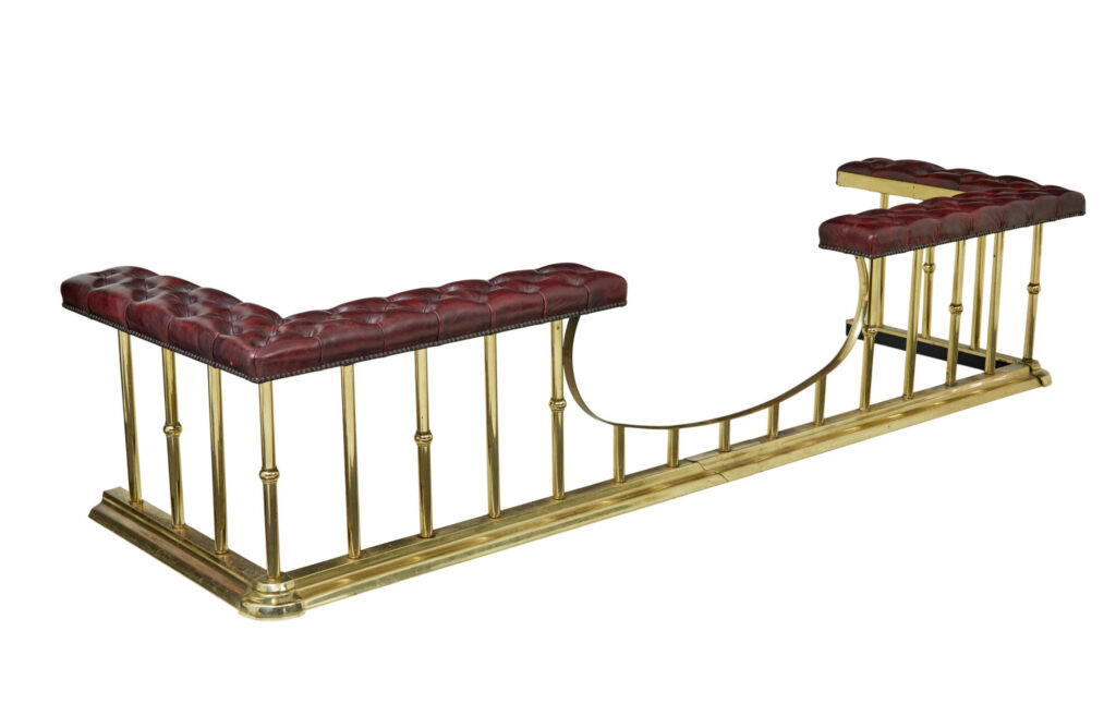 Large Brass and Leather Fireplace Club Fender