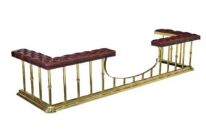 LARGE BRASS AND LEATHER FIREPLACE CLUB FENDER