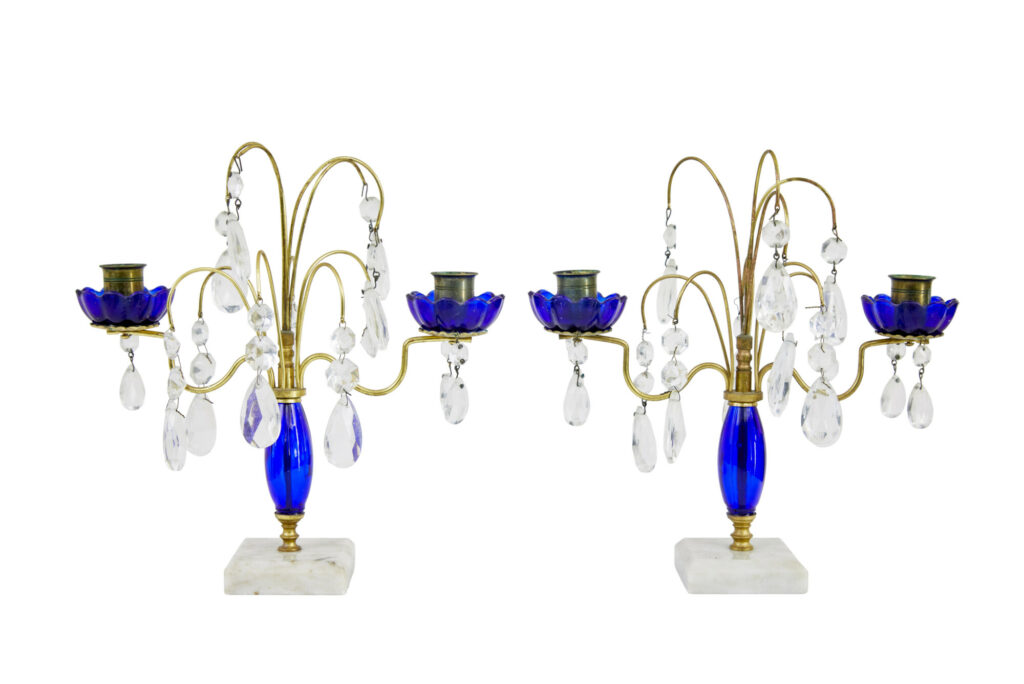 PAIR OF MID CENTURY BRASS AND CUT GLASS DECORATIVE CANDLESTICKS