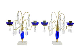 PAIR OF MID CENTURY BRASS AND CUT GLASS DECORATIVE CANDLESTICKS