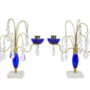 PAIR OF MID CENTURY BRASS AND CUT GLASS DECORATIVE CANDLESTICKS