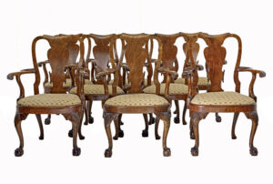 SET OF 8 CARVED QUEEN ANNE STYLE WALNUT DINING CHAIRS BY SPILLMAN & CO