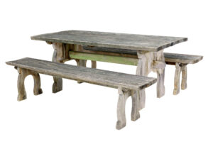 MID CENTURY SOLID PINE HORSESHOE GARDEN TABLE AND BENCHES