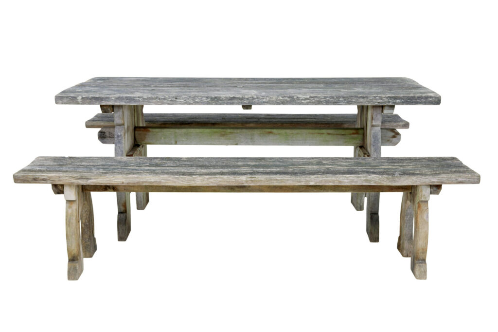 Mid Century Solid Pine Horseshoe Garden Table and Benches — image 8