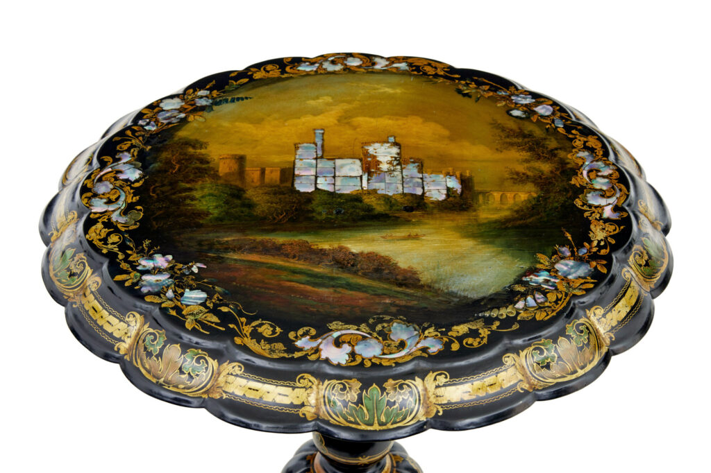 19th Century Papier Mache and Painted Mother of Pearl Inlaid Tilt-Top Table — image 10