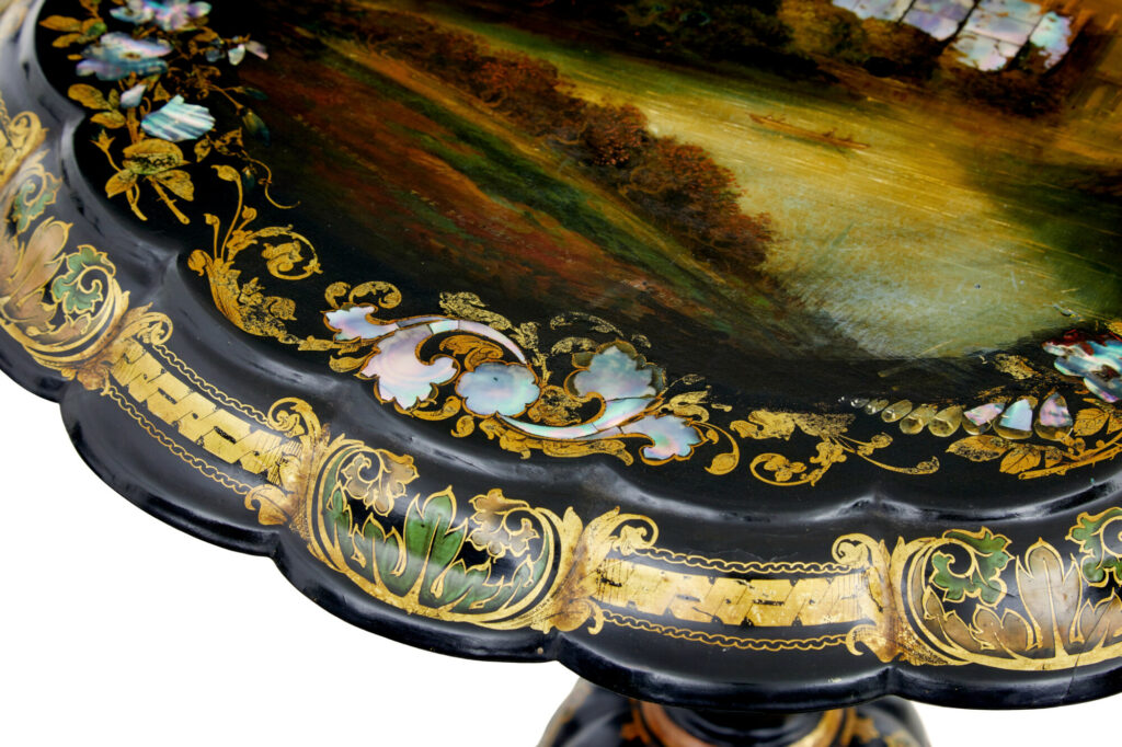 19th Century Papier Mache and Painted Mother of Pearl Inlaid Tilt-Top Table — image 8