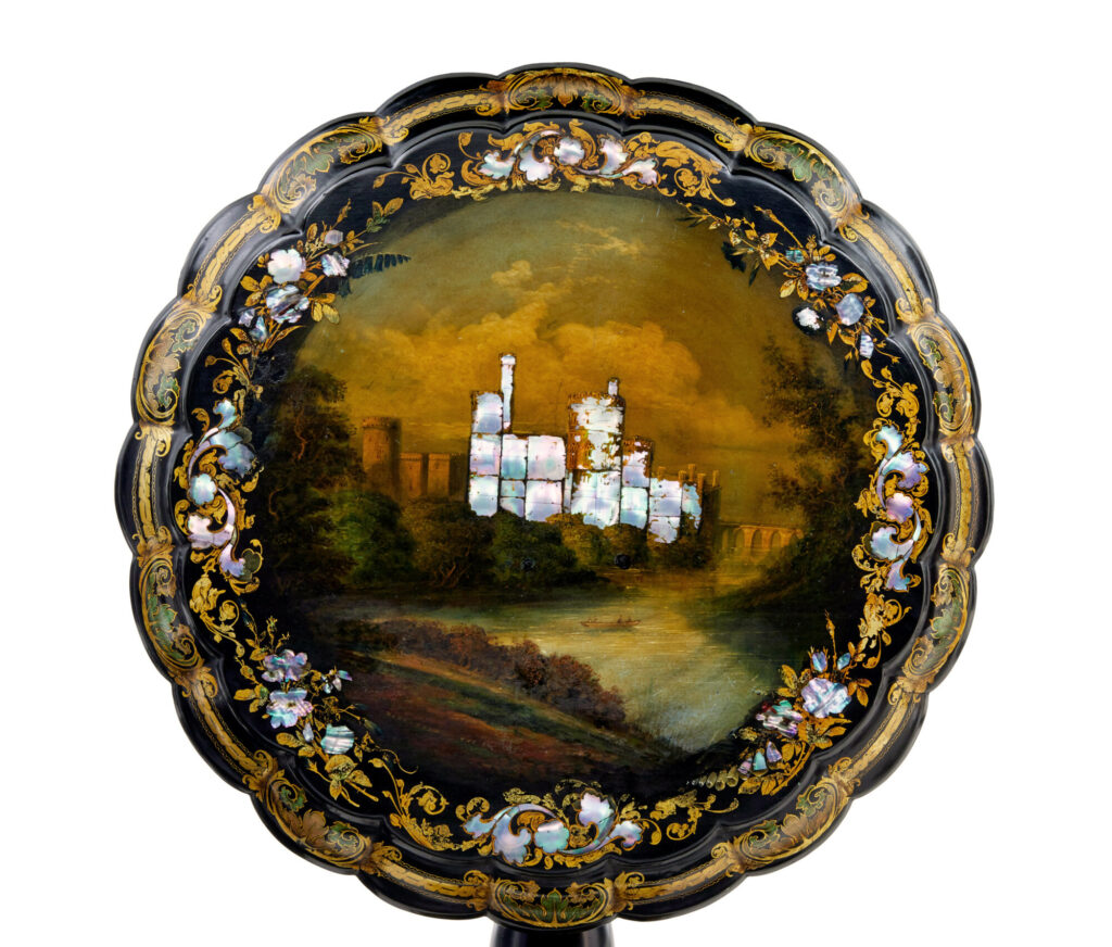 19th Century Papier Mache and Painted Mother of Pearl Inlaid Tilt-Top Table — image 7