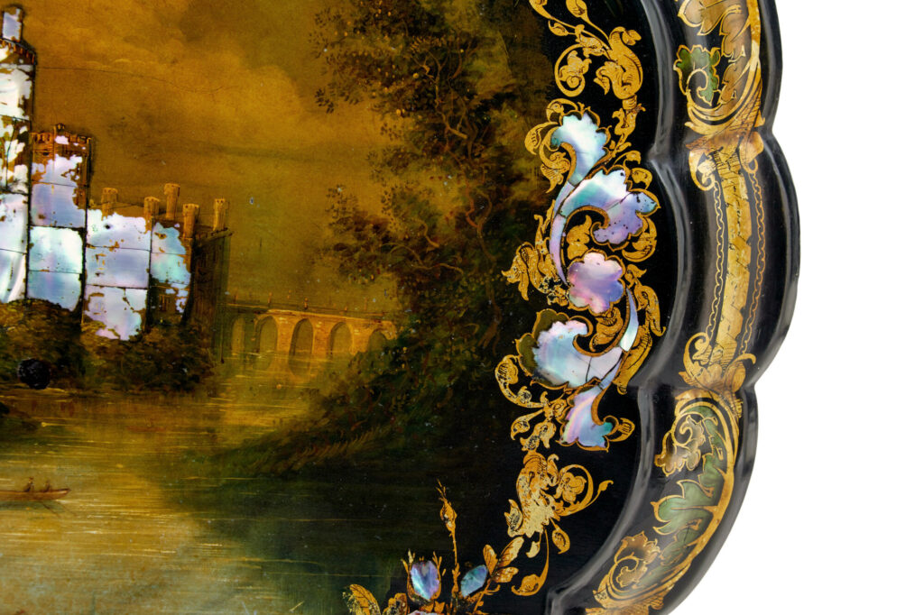 19th Century Papier Mache and Painted Mother of Pearl Inlaid Tilt-Top Table — image 5
