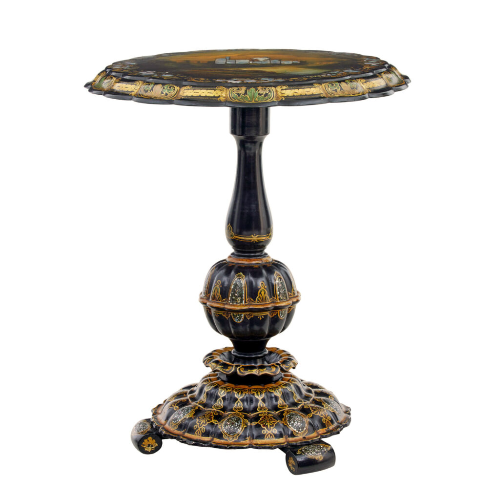 19th Century Papier Mache and Painted Mother of Pearl Inlaid Tilt-Top Table